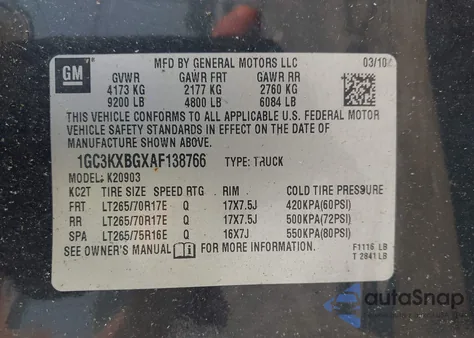 2010 Chevrolet Silverado K2500 Heavy Duty Lt z USA, uszkodzony, nr VIN 1GC3KXBGXAF138766